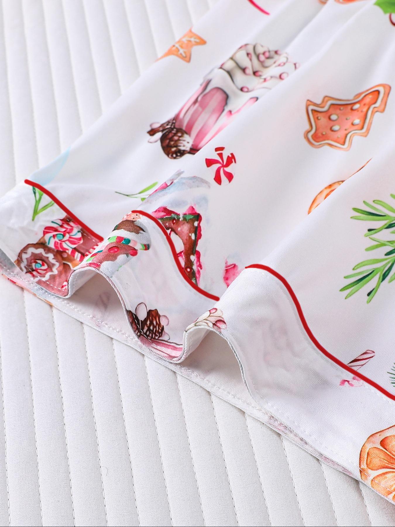 【Christmas Pyjamas】Women's Set, Watercolor Gingerbread Print, Short Sleeve Button Front Top & Elastic Shorts, Casual Home Wear, Loungewear