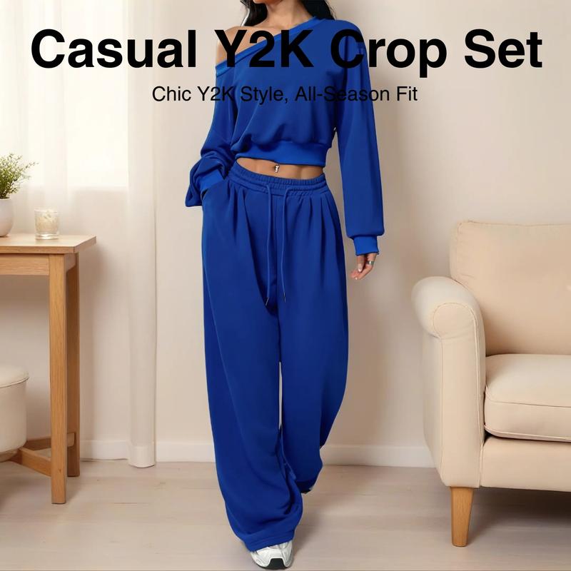 Personalized Asymmetrical Shoulder Casual Set, Pure Color Short Top Two-Piece Set, Travel Party Dance Leisure