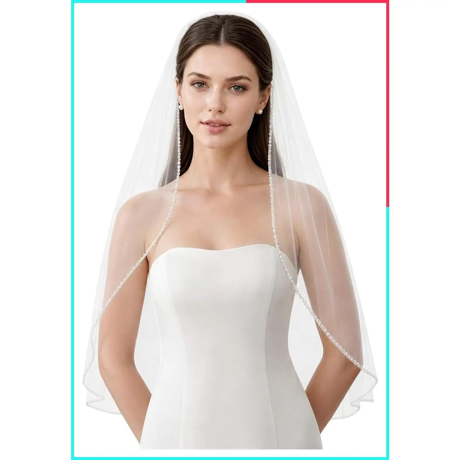 One Tier Fingertip Length Wedding Veil with Pearls and Crystals Beaded Edge, Soft Tulle Bridal Veil, Cathedral Length Available, Elegant Wedding Accessory