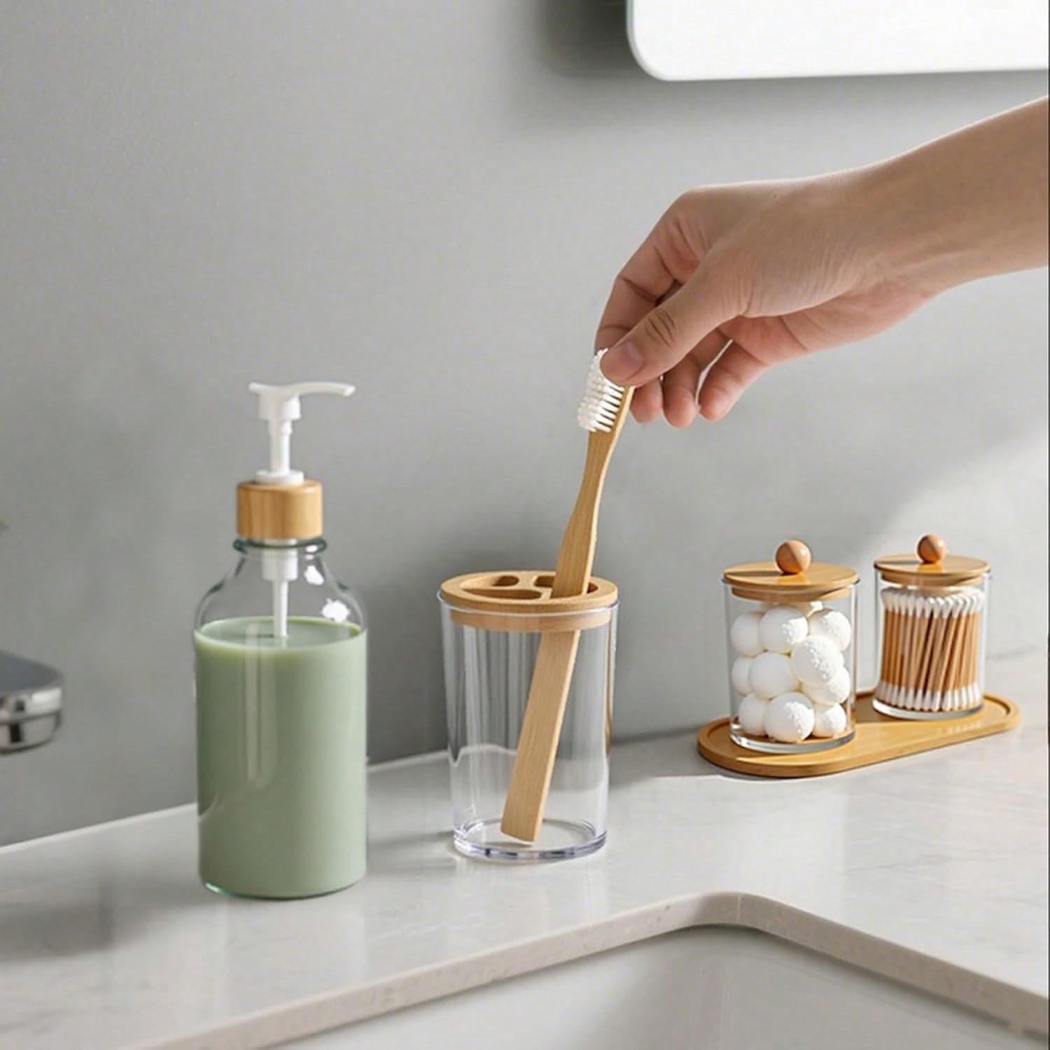 5 Pack Bamboo Bathroom Accessories Set With Tray, Plastic Soap Dispenser, Clear Toothbrush Holder And 2 Qtip Holder Cotton Ball Container Jar