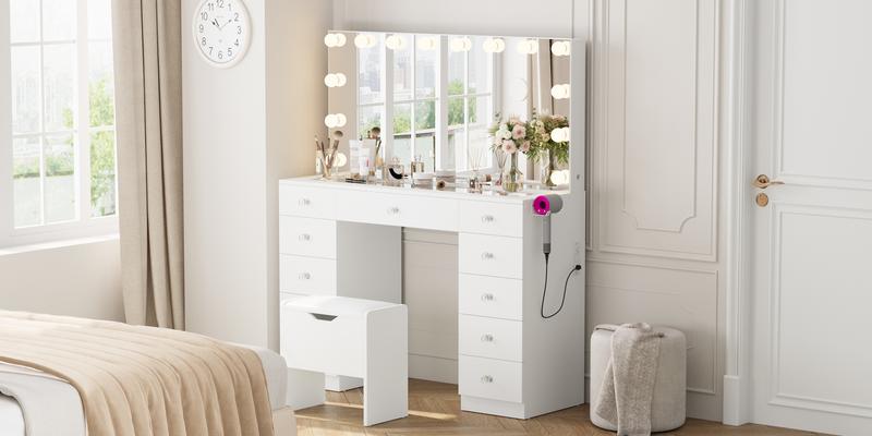 VOWNER Vanity with 10×Magnifying Mirror, With Glass Top & Power Outlet, 3 Color Light Options, 43" Vanity Table with 11 Drawers&Stool, Bedroom, White