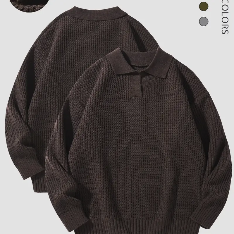 Men's Solid Drop Shoulder Collared Sweater, Regular Fit Casual Long Sleeve Jumper for Fall & Winter, Men's Knitwear for Daily Wear, Tops