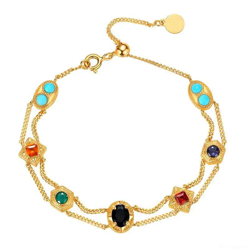 Unisex Gold-Plated Plastic Alloy Bangle Bracelets - Double-Layer Vintage Western-Inspired Set with Rainbow Cubic Zirconia, Elegant Costume Jewelry for Casual Wear, Bright Colored Bracelets & Bangles