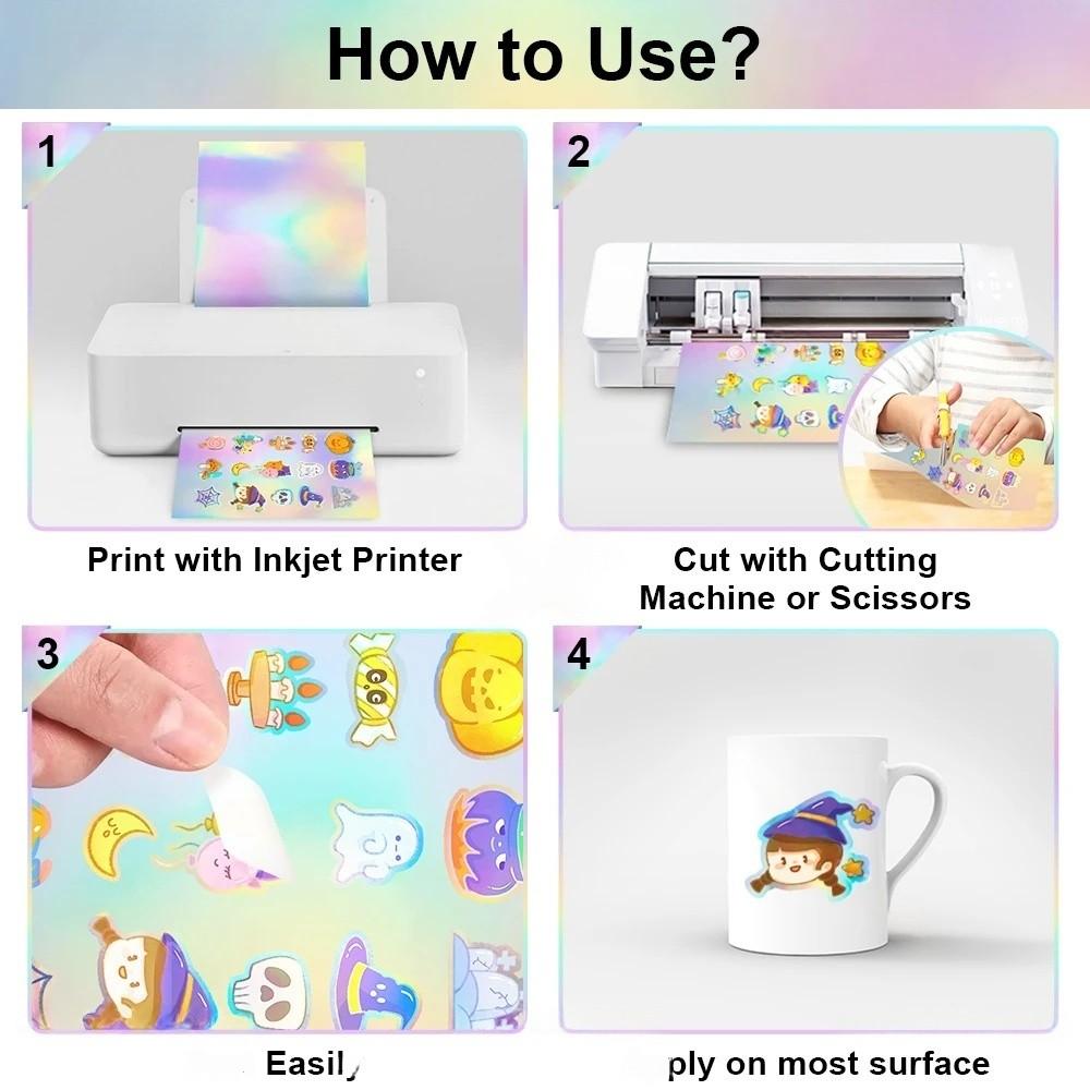 A4 Holographic Print Stickers, Matte & Glossy Surface, Inkjet Printer Compatible, Vinyl Paper Included, Ideal for DIY Photography Cards