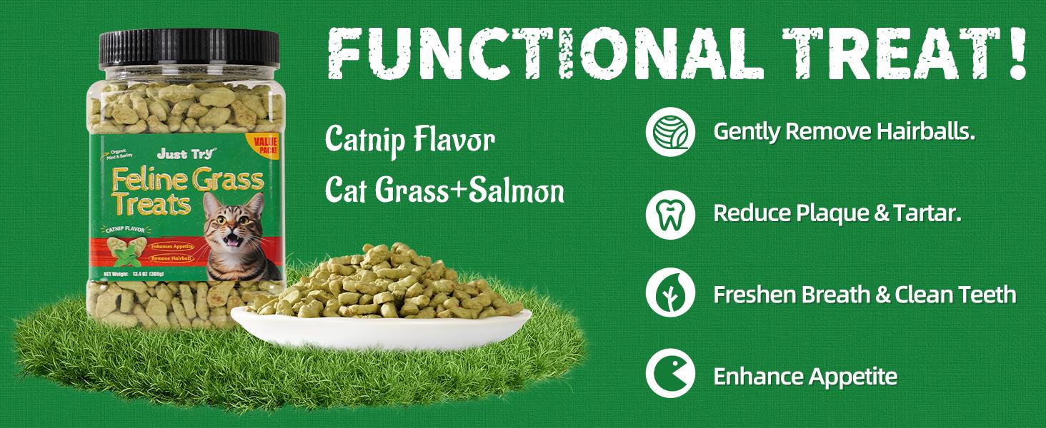Just Try Cat Treats, Cat Grass Treats, Natural Salmon Flavor Healthy Cat Snacks, Training Biscuits Treats for Cats, Catnip for Cats, Crunchy Fish Shape Adult Cat Snacks, 13.4 oz