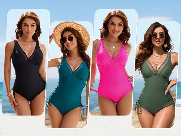Blooming Jelly Sexy Mesh Swimsuit with Side Straps Women Tummy Control Slimming One Piece Swimwear