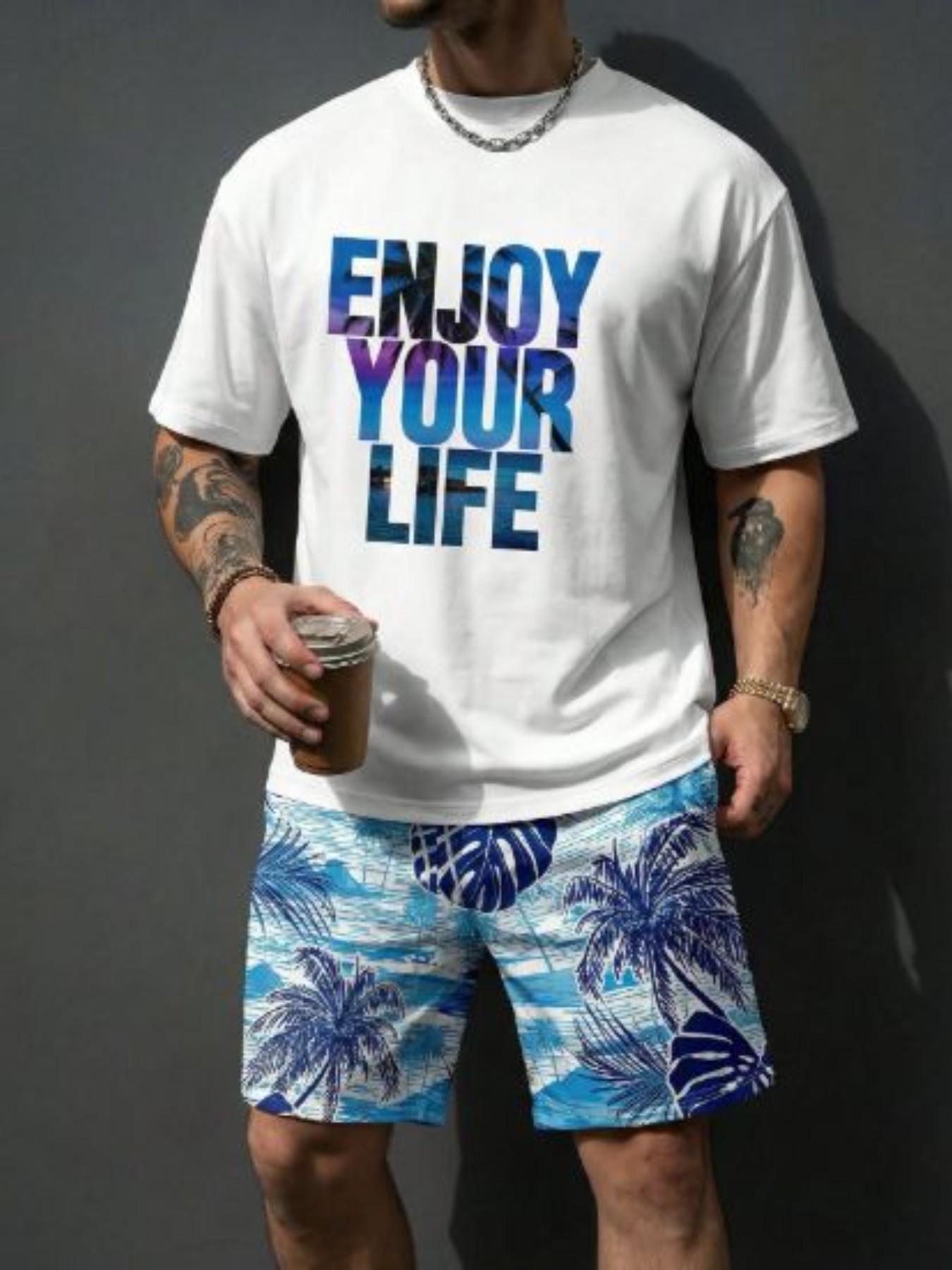 Summer Men's Outdoor Round Neck Short Sleeve T-Shirt and Shorts Set, Vacation Style All over Print, Fitted, Above the Knee