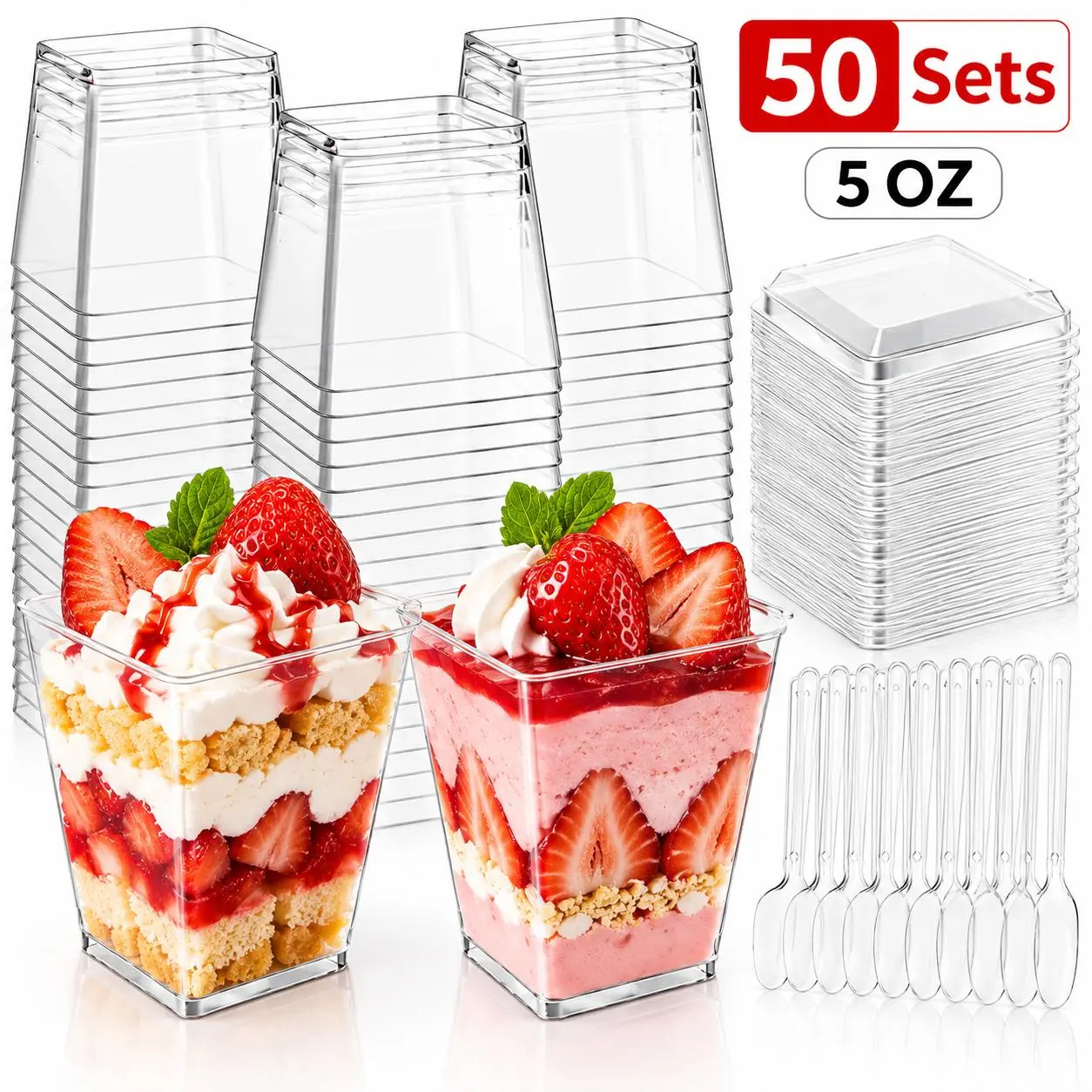 Clear Square Dessert Cups, 5 oz/150 ml Mini Parfait Cups with Lids and Spoons, 50 Pcs Individual Serving Containers, Stackable for Wedding, Baby Shower, Birthday Party, Dessert Table, Buffet Display, Holiday Gathering, Catering, Bakery and Picnic