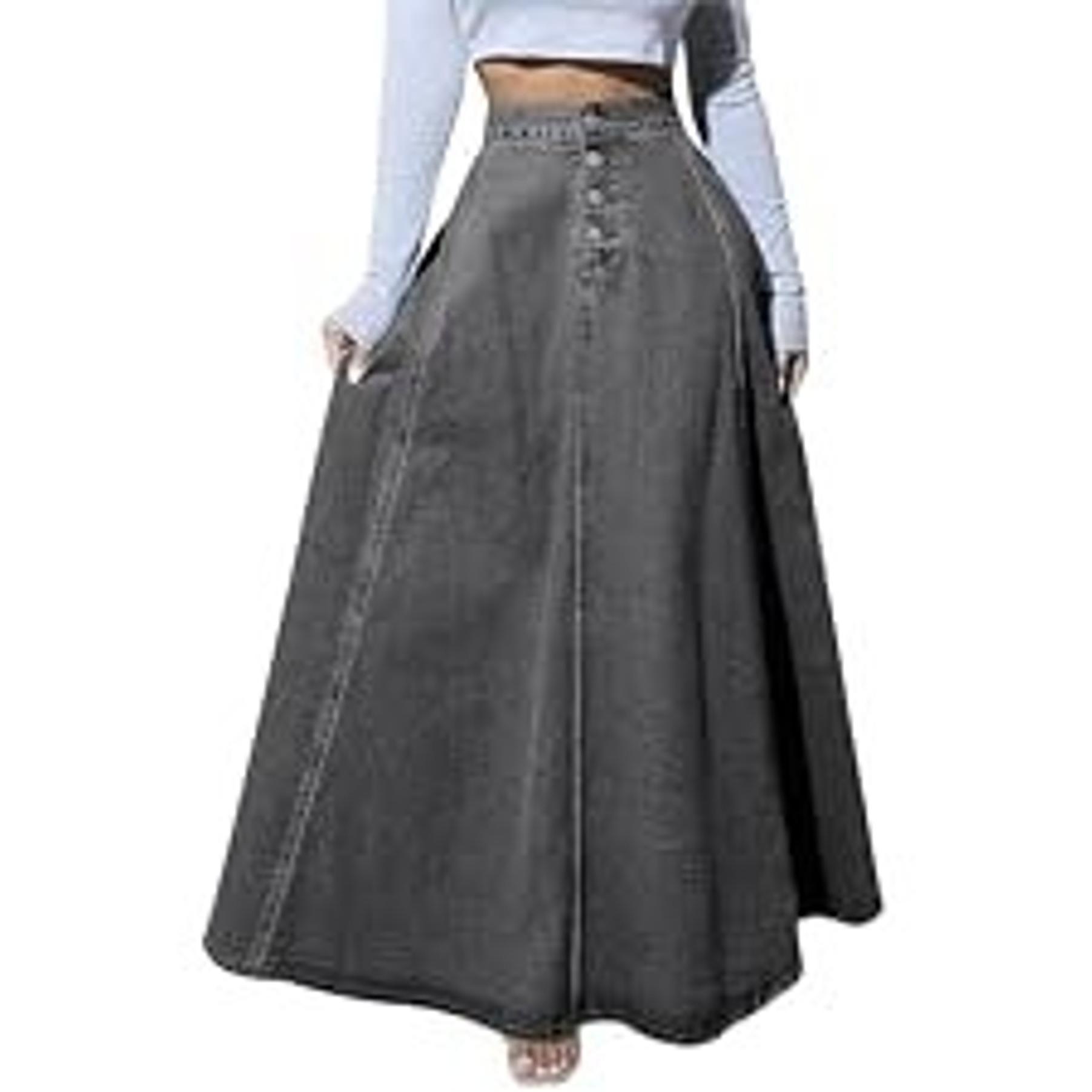 ebossy Women's Retro Distressed High-Waist Frayed-Hem Flared A-Line Patchwork Maxi Denim Skirt with Pockets, Buttons, Zipper - Casual Hippie Bottoms for Birthday, Party (Gift)
