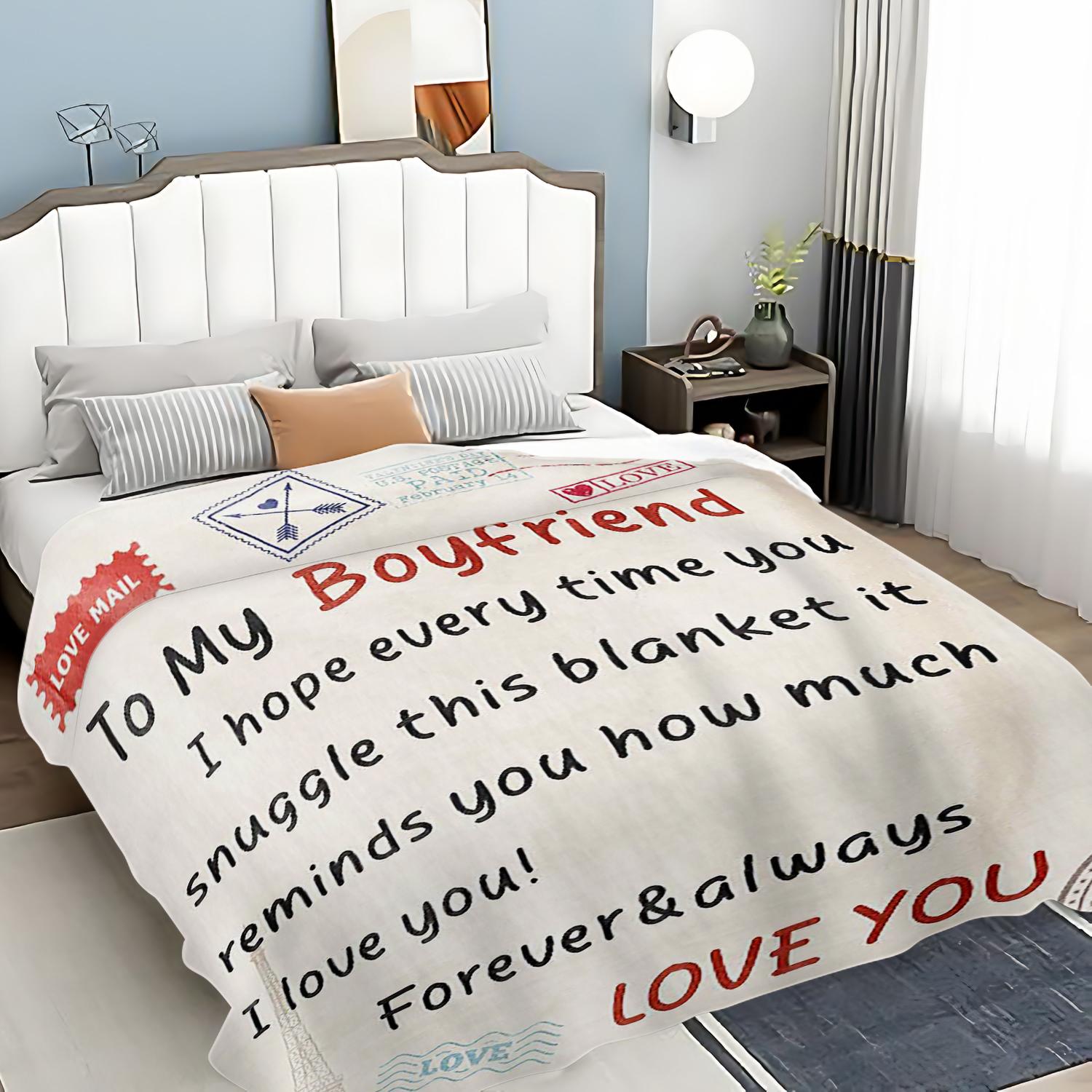 To My Boyfriend Letter Pattern Blanket, Letter Print Blanket, 1 Count Soft Comfortable Throw, Air-Conditioned Room Blanket, Warm Nap Blanket for Home Office, Valentine's Day Gift