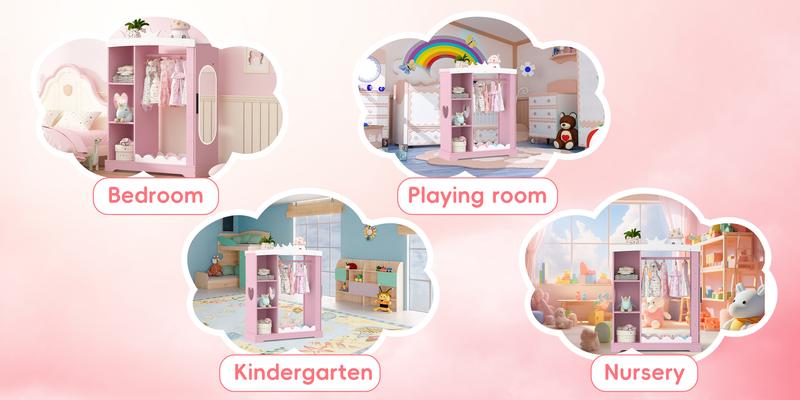 Topwin Kids Armoire with Jewelry Cabinet, Full-Length Lighted Mirror, Dress up Storage with Mirror and Shelves, Princess kids wardrobe, Pink & White
