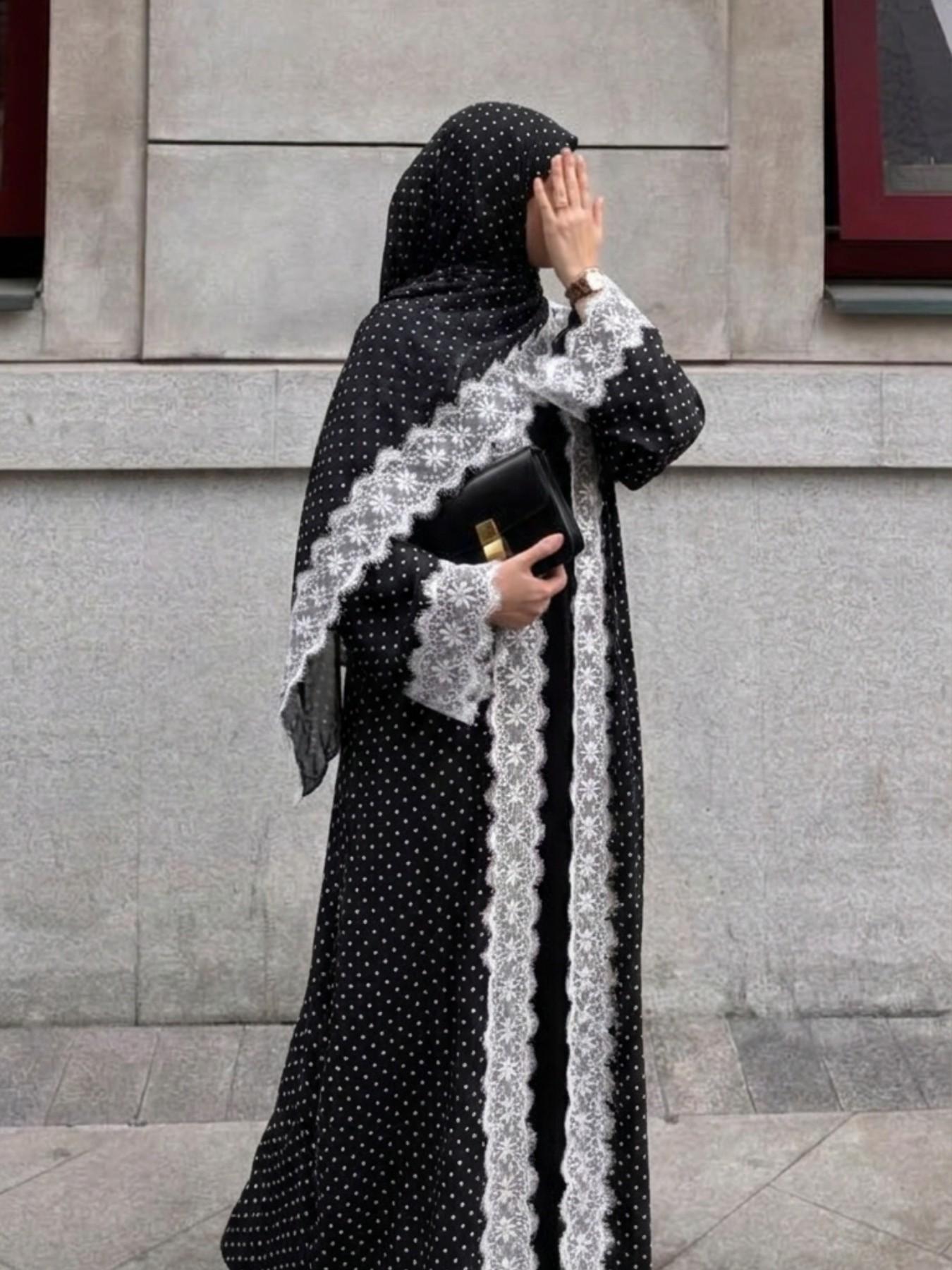 Elegant Two-Piece Lace Trim Polka Dot Open Front Modest Islamic Abaya Robe, Perfect for Parties, Vacations, Casual Wear, Ramadan