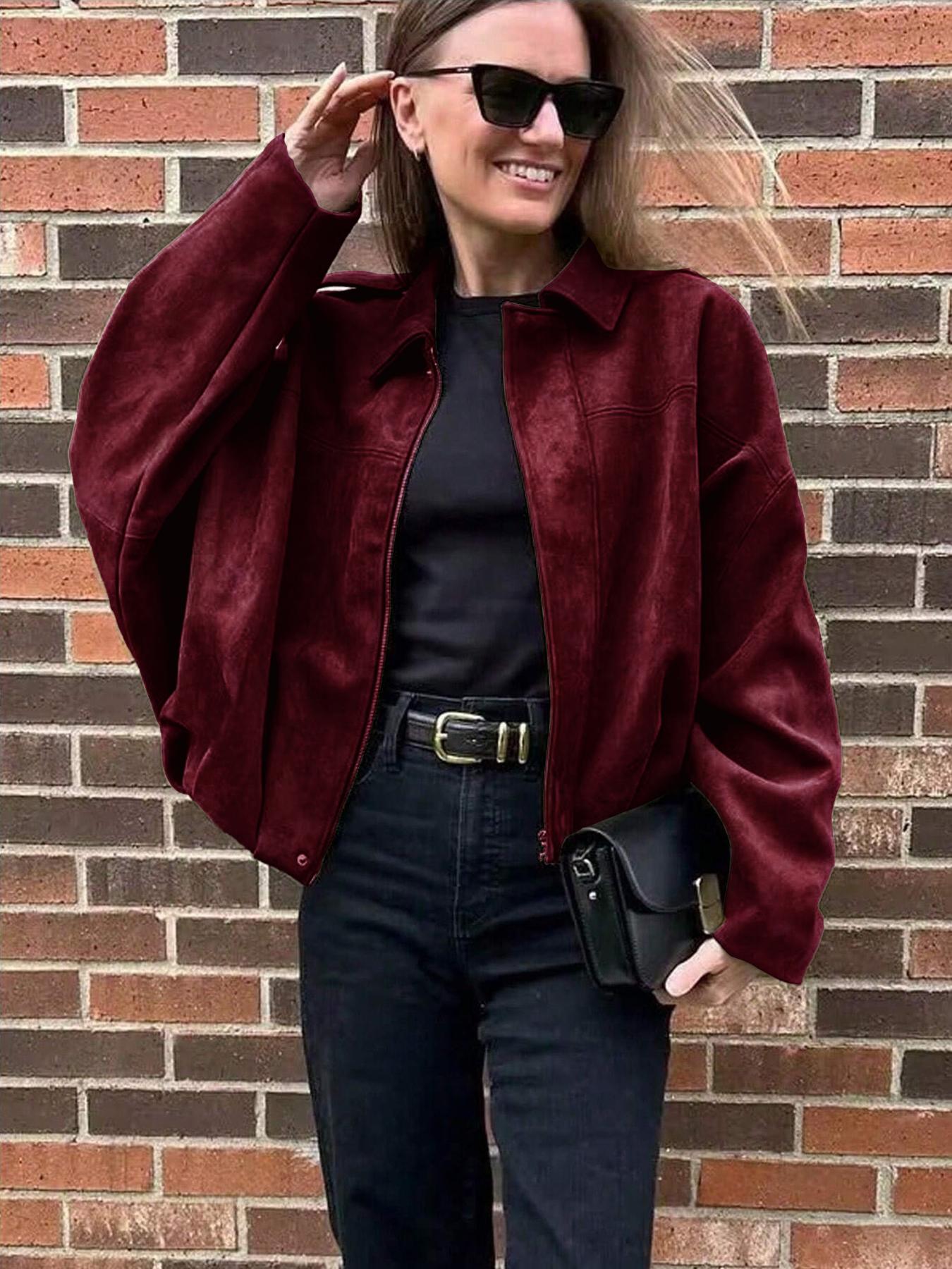 Women's Autumn Winter Suede Texture Zipper Loose Fit bomber jacket, Stylish Turn-Down Collar Design for Casual Wear Coats Outerwear Womenswear