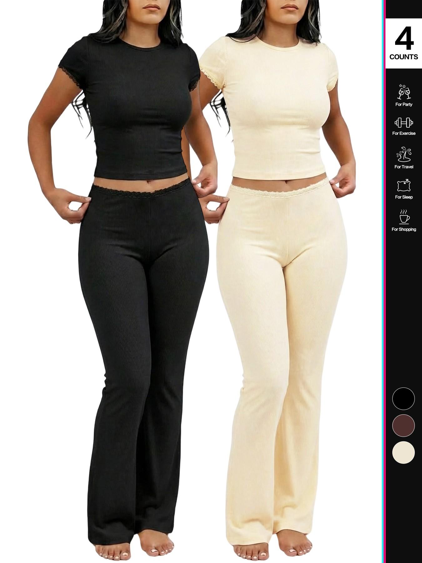 2026 Women's two-piece ribbed knit loungewear set, Fitted short-sleeved crop top, high-waisted flared pants, casual matching set, with lace trim on the cuffs