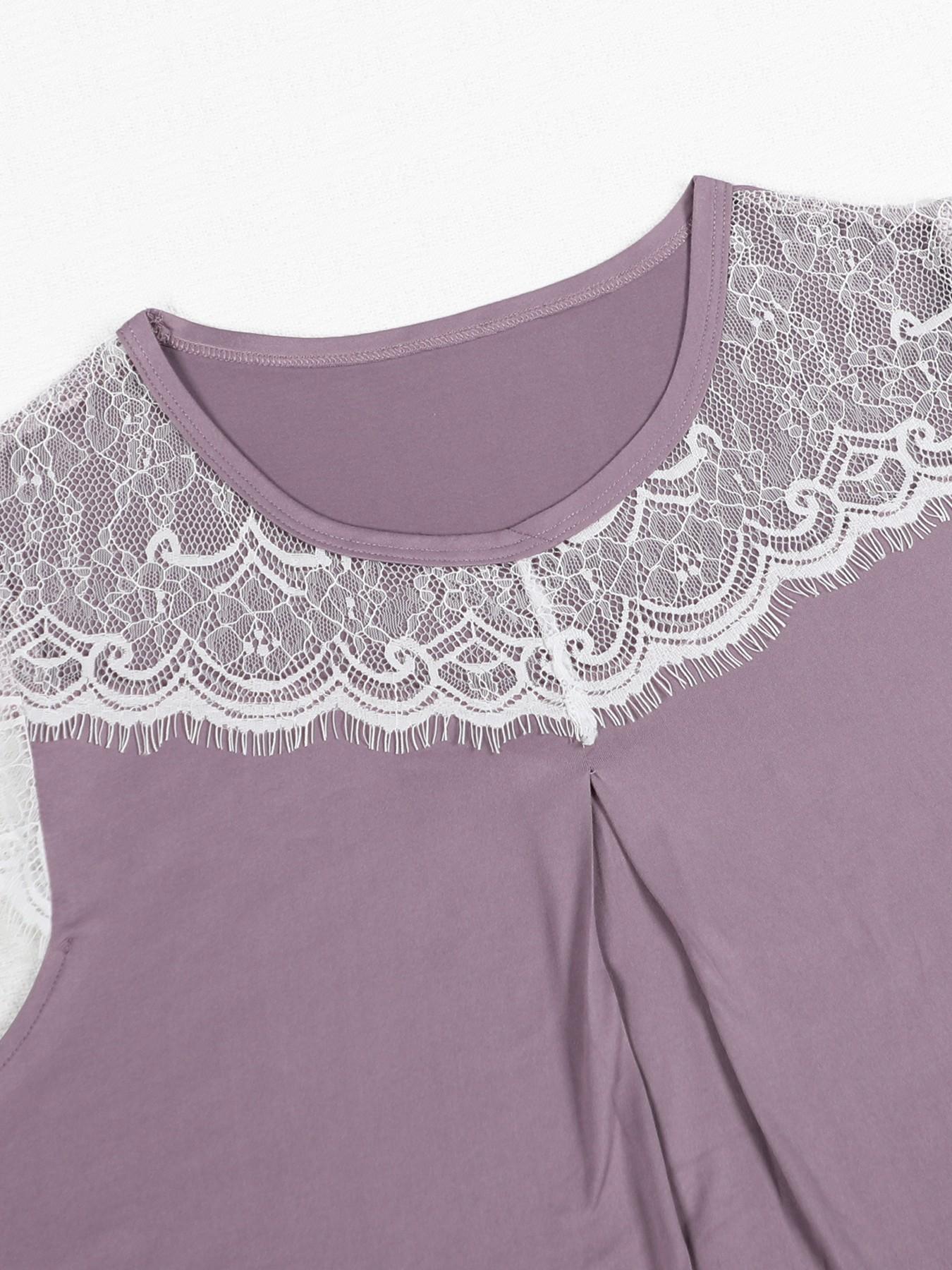 Summer & Spring Limited Edition Women's Sleep Dress, Round Neck Lace Trim Solid Color Elegant Comfortable Wear-Home Dress