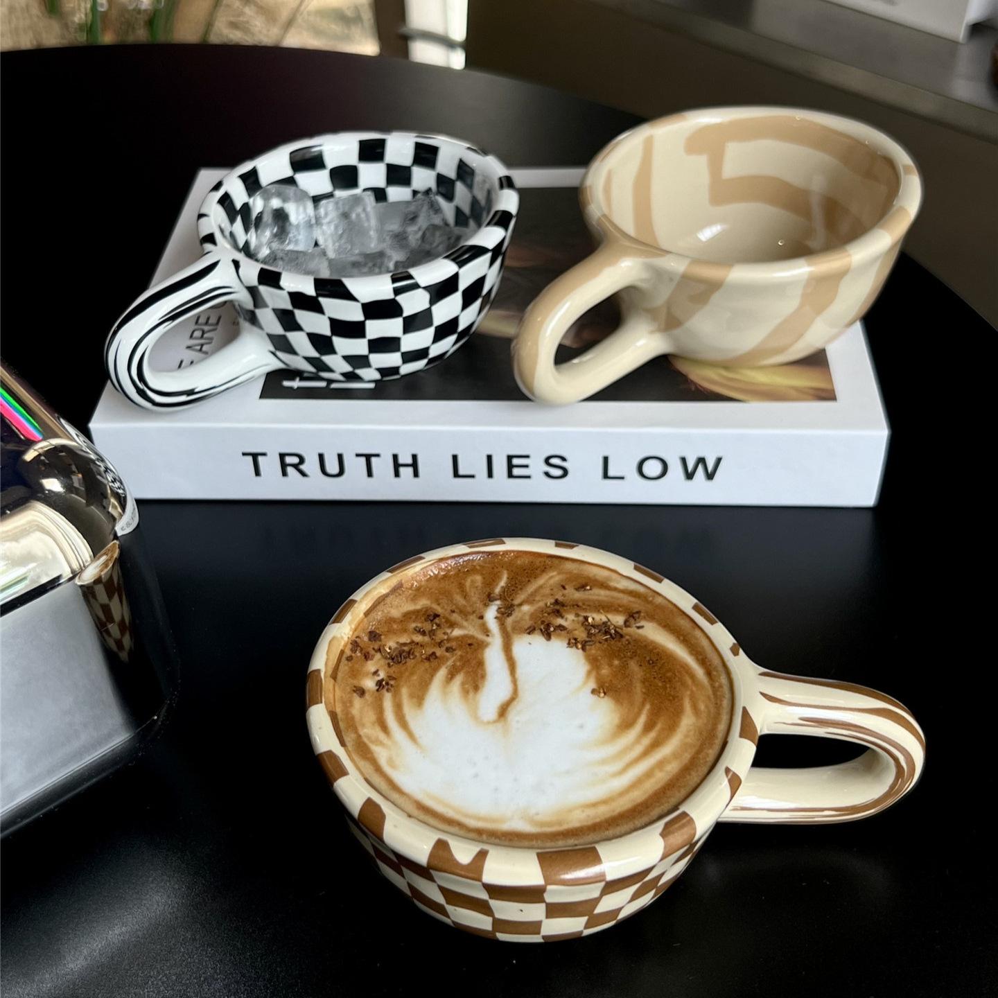 Elegant Ceramic Coffee Cup with Chessboard Pattern, Breakfast Latte Mug, Summer Milk Glass, Home Kitchen Essentials, Birthday Gift