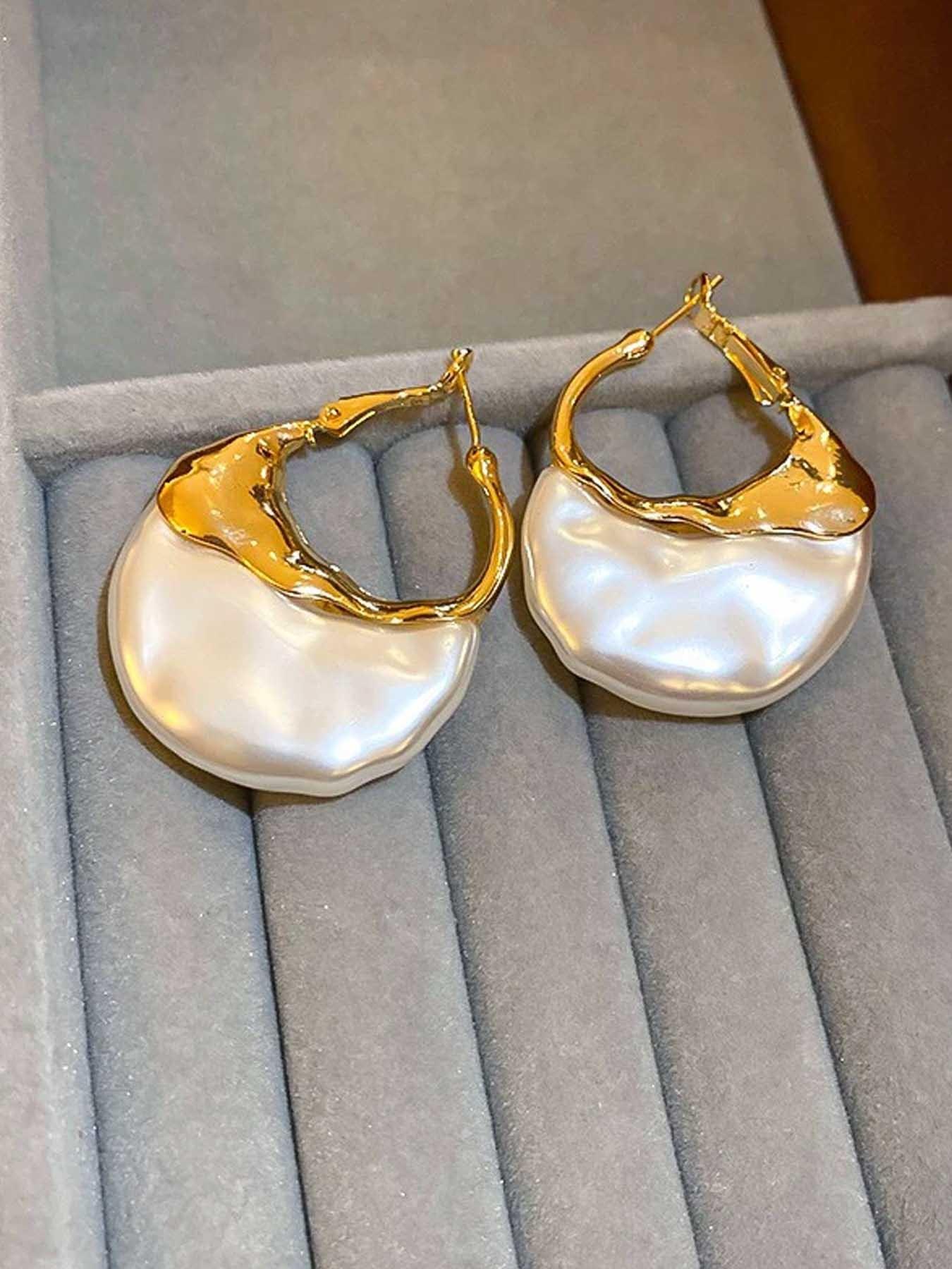French Style Exaggerated Imitation Pearl Bag Shape Metal Earrings, Fashionable Simple Women's Elegant Creative Party Earrings