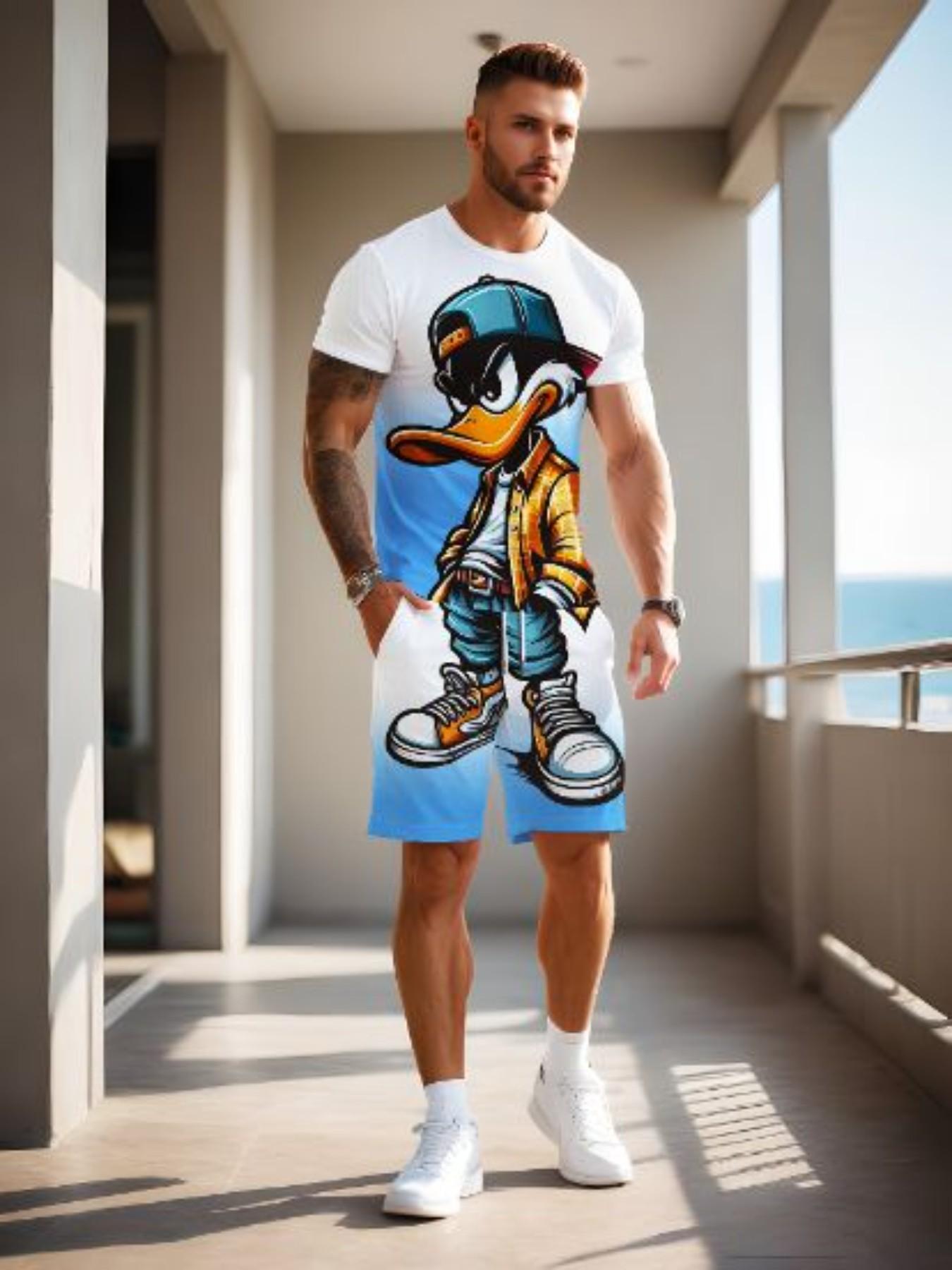 Men's Summer Gradient Patchwork Set, Cartoon Pattern Short Sleeve T-Shirt and Shorts, Breathable and Quick-Dry, Ideal for Outdoor Activities