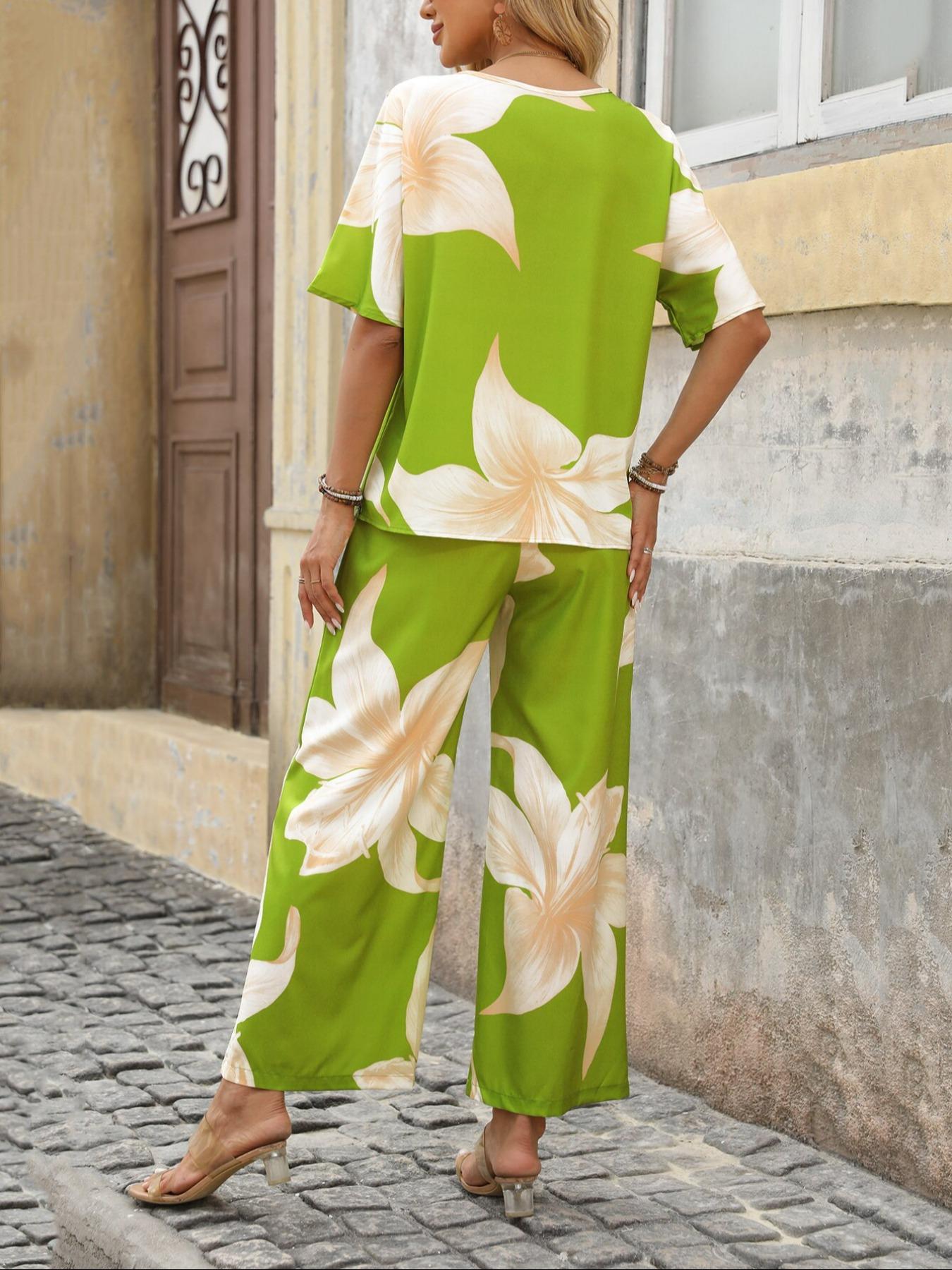 Women's Floral Print Blouse & Tie Front Wide Leg Pants Two-piece Set, Casual V Neck Top & Trousers for Summer, Ladies Clothes for Daily Wear, Womenswear