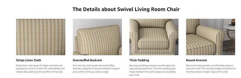 [TikTokShopBlackFriday]Ebello Swivel High Back  Linen Mid Century Modern Accent Chair – Wood Frame, Upholstered Seat with Waist Cushion – Elegant & Durable for Any Room，Fully Assembled, Brown Stripe