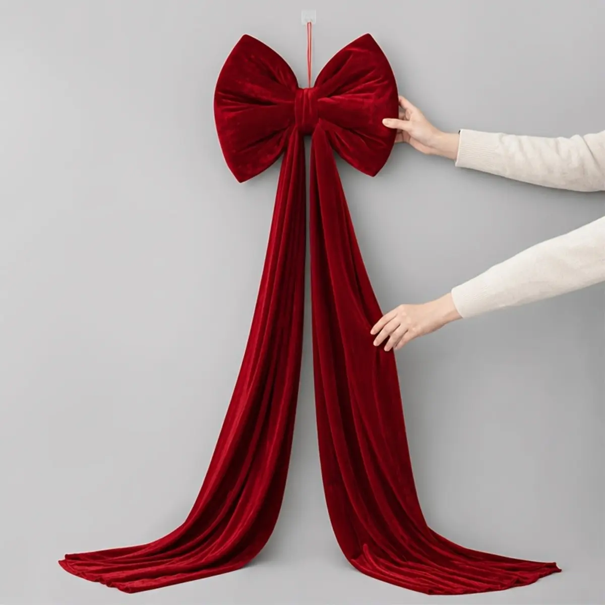 Luxury Burgundy Oversized Bow Decor with Long Streamers, Thick Satin Hanging Wall Bow for Photo Backdrop, French Vintage Christmas Tree Mantel Door Window Display Gift