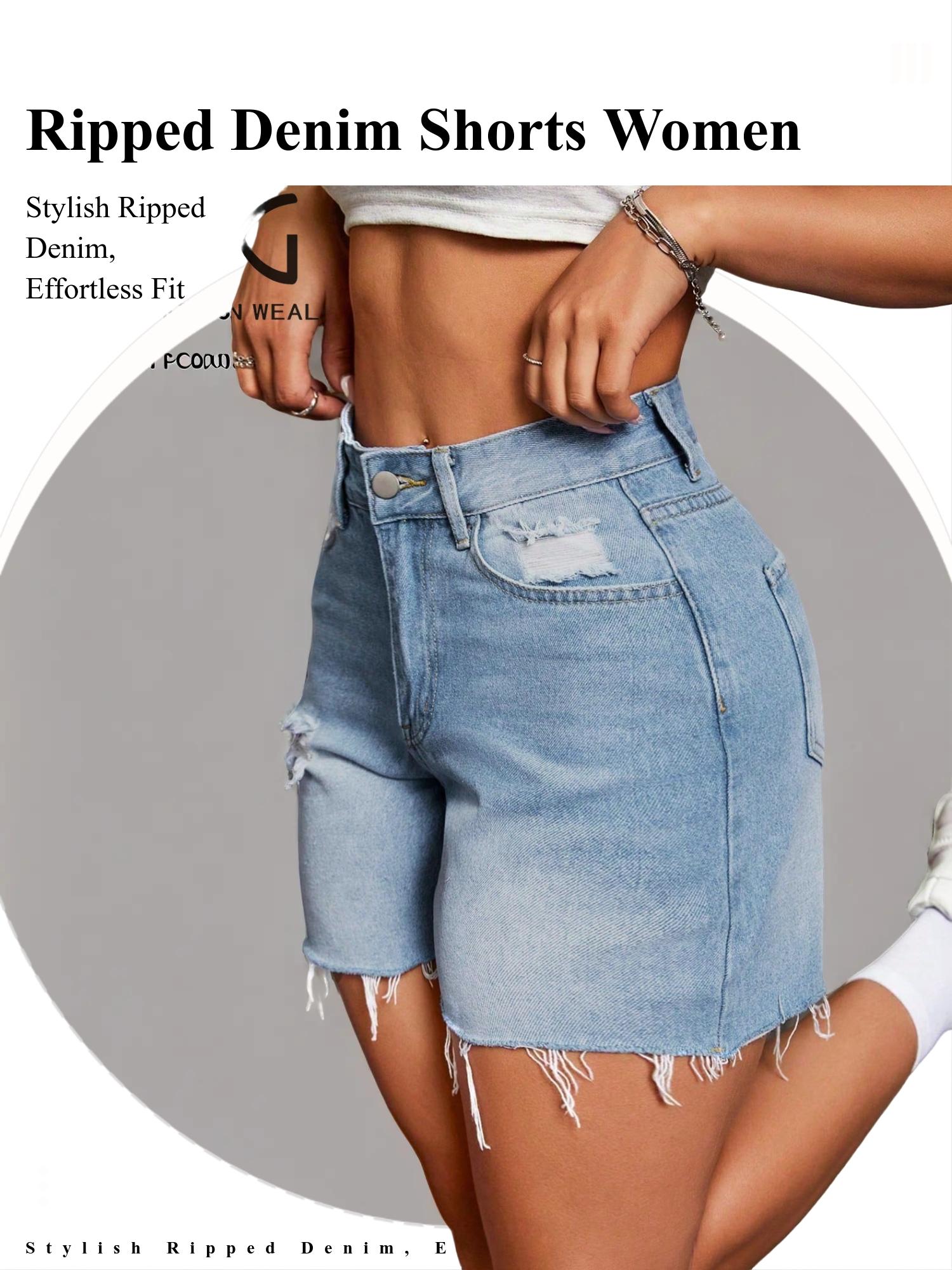 Women's Plain Ripped Denim Shorts, Casual Fashion Zipper Shorts for Daily Wear, Ladies Bottoms for Summer