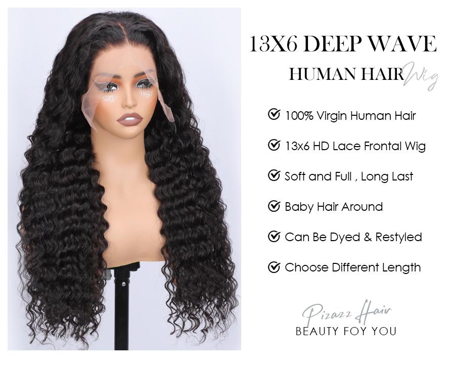 Pizazz Hair 13x6 /13x5 Deep Wave Lace Front Wigs Human Hair Deep Part Curly Lace Front Wigs Human Hair Pre Plucked HD Transparent Lace Frontal Wig Pre Plucked with Baby Hair