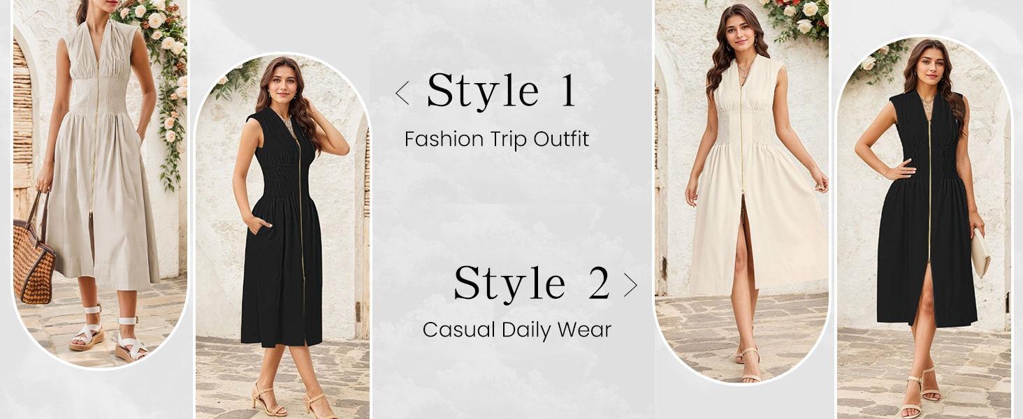 【GUNEST】Women’s Summer Smocked Midi Dress—V-neck, sleeveless/cap sleeve, zipper back, high slit, flowy and elegant for parties, birthdays, or minimalist daily looks. Waist-trainer friendly. Stylish beige essential.