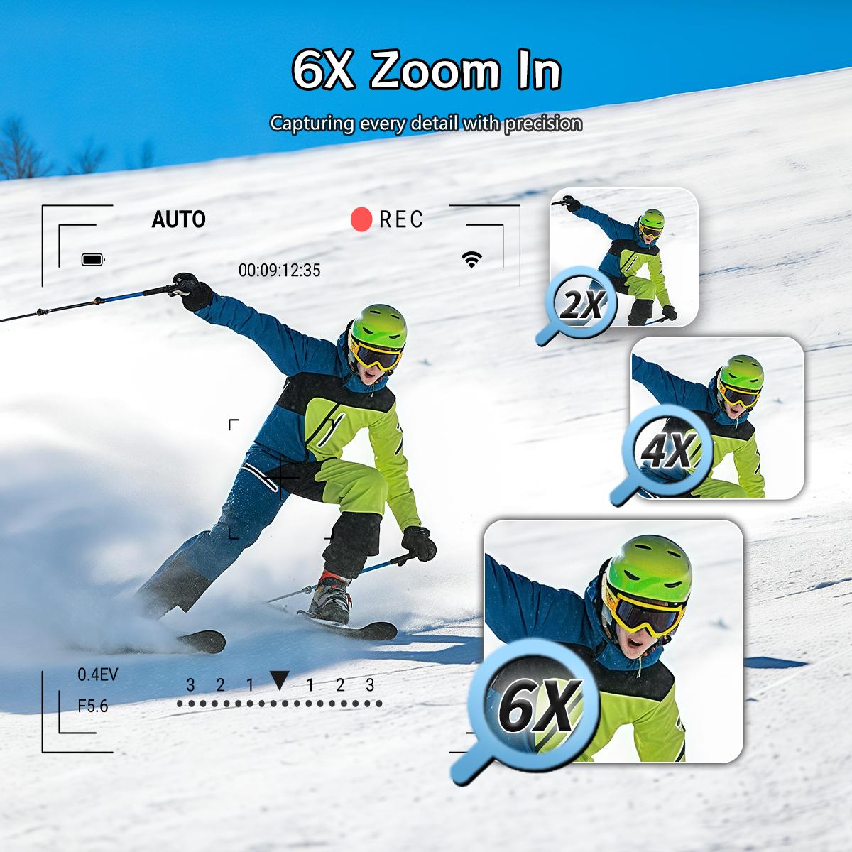 High-Definition 180° Rotating Lens Portable Sports Camera, 6x Digital Zoom, Wide Angle, Wireless Transmission, Night Vision, Loop Recording