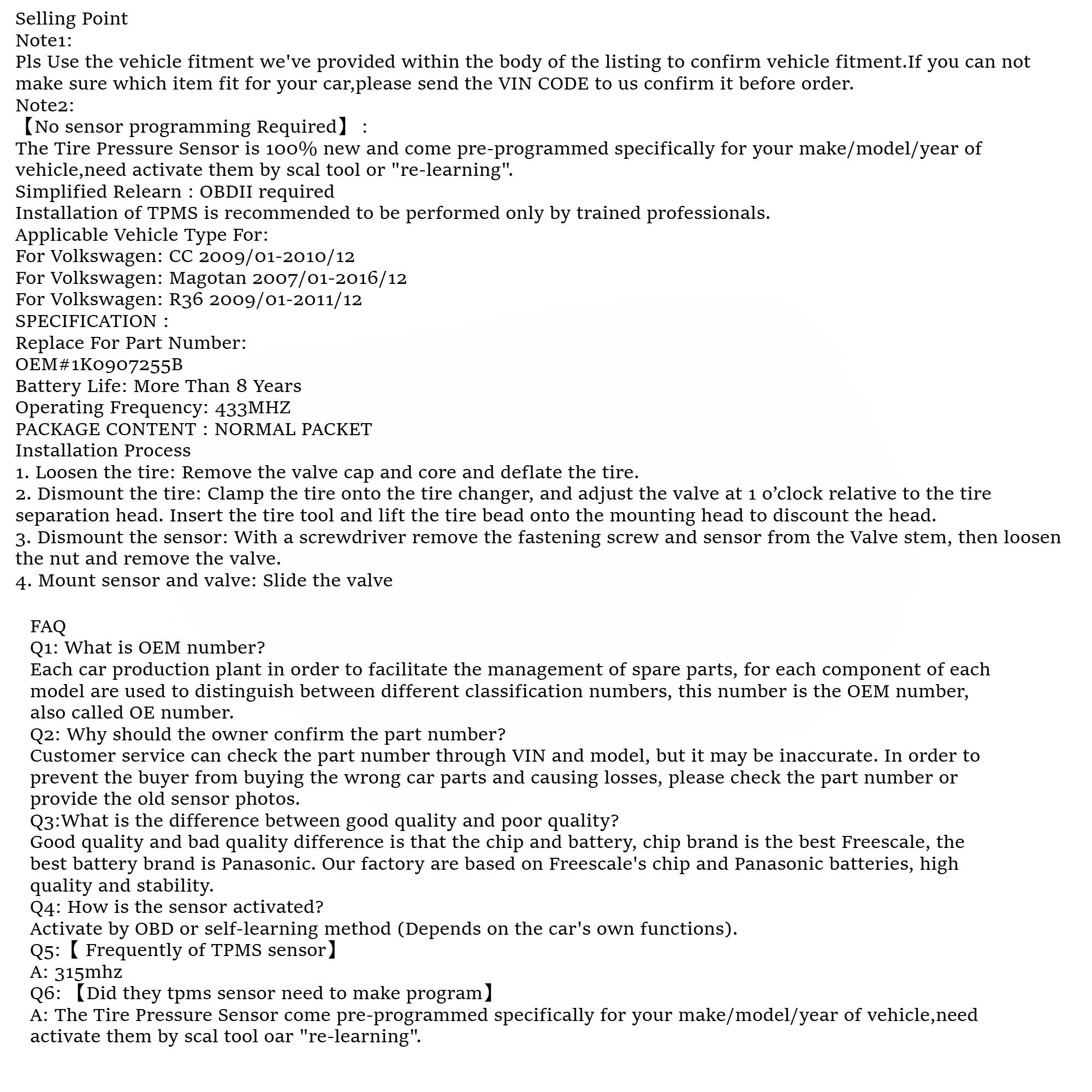 1Pcs/4Pcs OEM#1K0907255B #433MHz TPMS/TIRE PRESSURE SENSOR Fit For #VOLKSWAGEN:CC(2009-2010) MAGOTAN(2007-2016) R36(2009-2011), Powered By Panasonic CR2450 Battery, Battery Life More Than 8 Years.