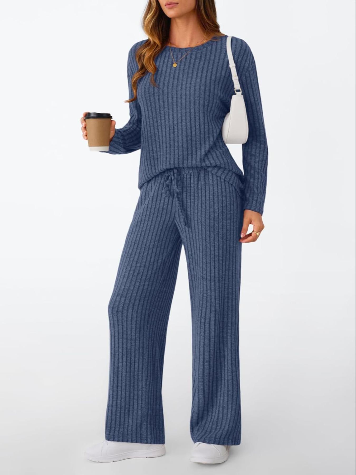 Womens Lounge Sets 2 Piece Matching Pajamas Fall Fashion 2025 Ribbed Knit Outfits Long Sleeve Casual Sweatsuits
