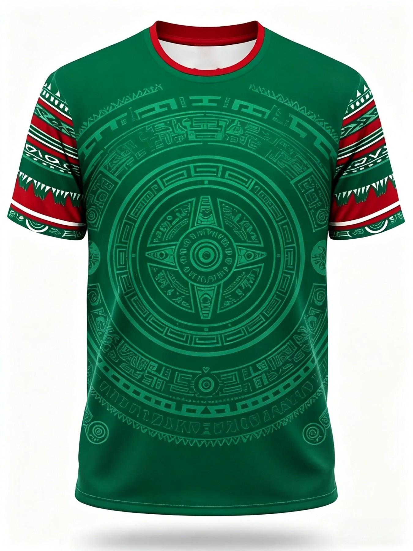 Men's Aztec Sunstone Mexico Sport T-Shirt, Tribal Style Round Neck Short Sleeve Top, Loose-Fitting Geometric Pattern, All Seasons