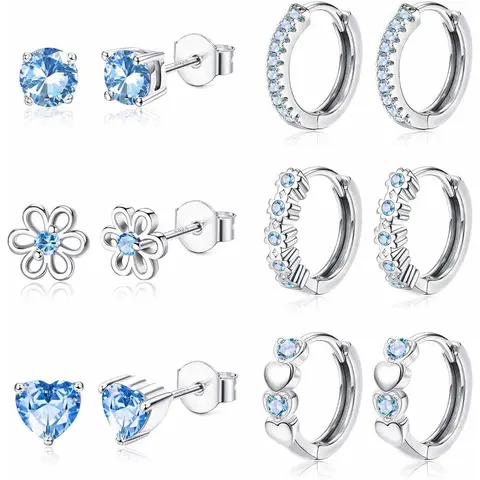 CASSIECA 6Pairs Small Earrings Stack Set for Women 925 Sterling Silver Post Stud and Hoop Earrings Stack Set Hypoallergenic Zirconia Flower Heart Cute Cartilage Earrings Stack for Kids Baby Pink/Purple/Blue, Heart Shaped Earrings Sohochic