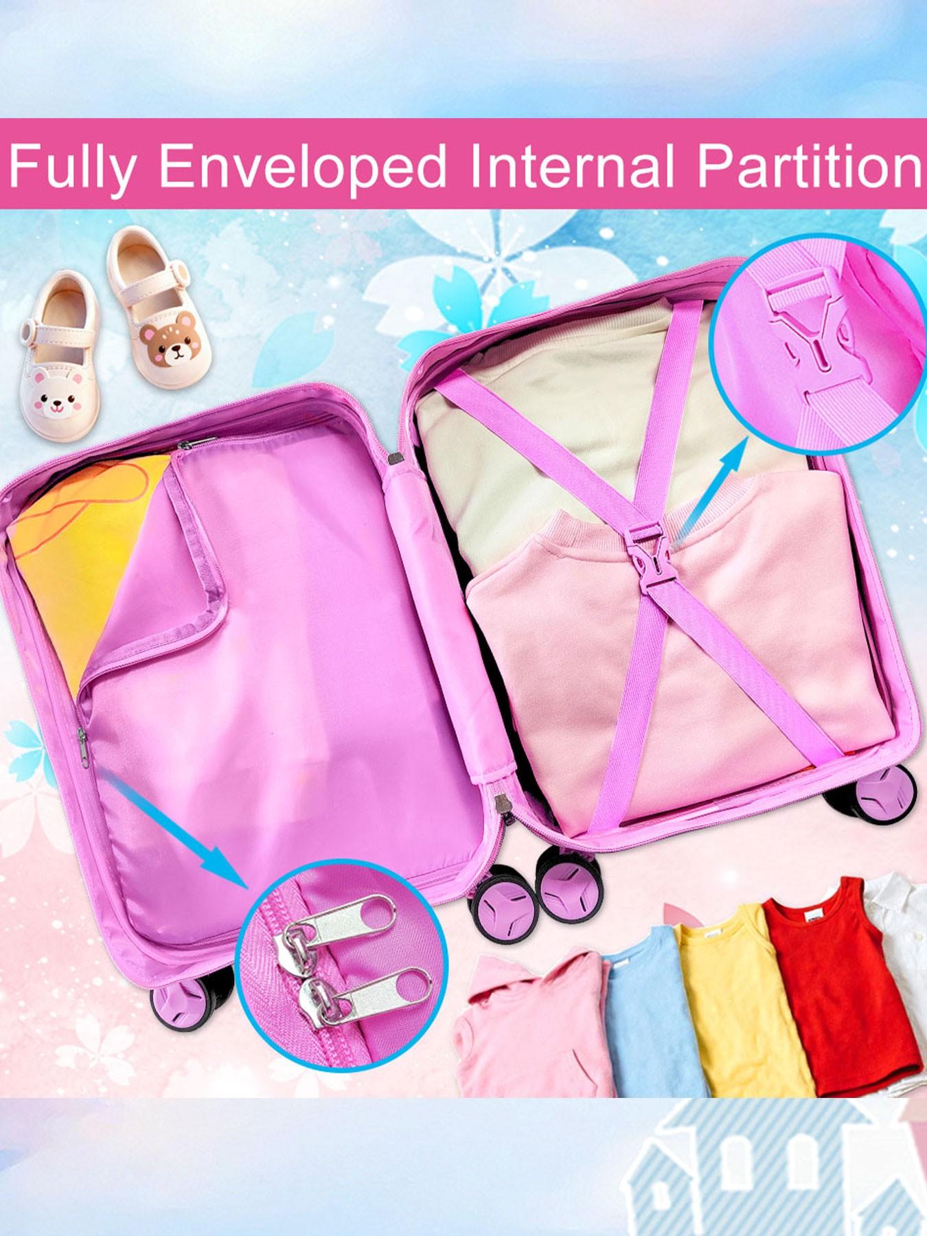 1 Set Kids Luggage Set, Cute Princess & Unicorn Print Hard Shell Suitcase with U-Shaped Neck Pillow, Lightweight Rolling Carry On Luggage for Girls, Travel Trolley Case for School Trip, Vacation, Airplane