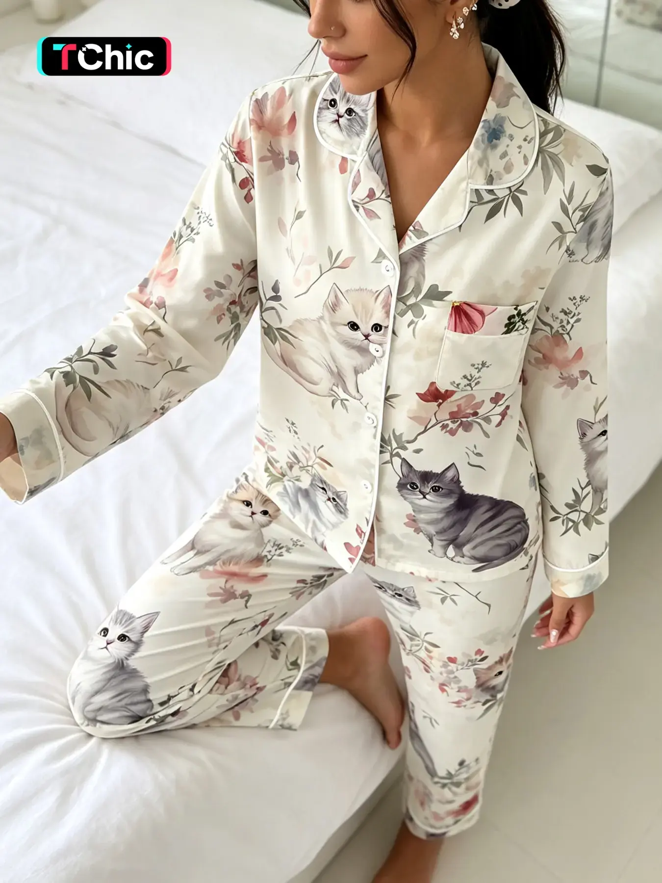 Women's Long Sleeve Pajama Set, Cute Cat Print, Casual Comfortable Sleepwear, Soft Breathable, Fall Winter Essential