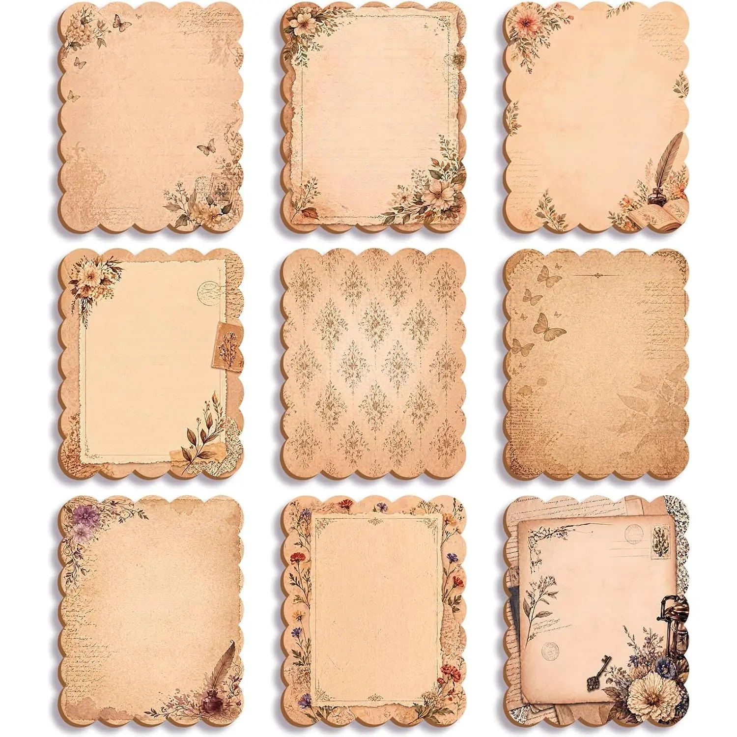 Scalloped Edge Sticky Notes - 9-Count Bulk Aesthetic Brown Self-Adhesive Notepads with 270 Pages, Removable Memo Pads for Reminders, Office Stationery Supplies