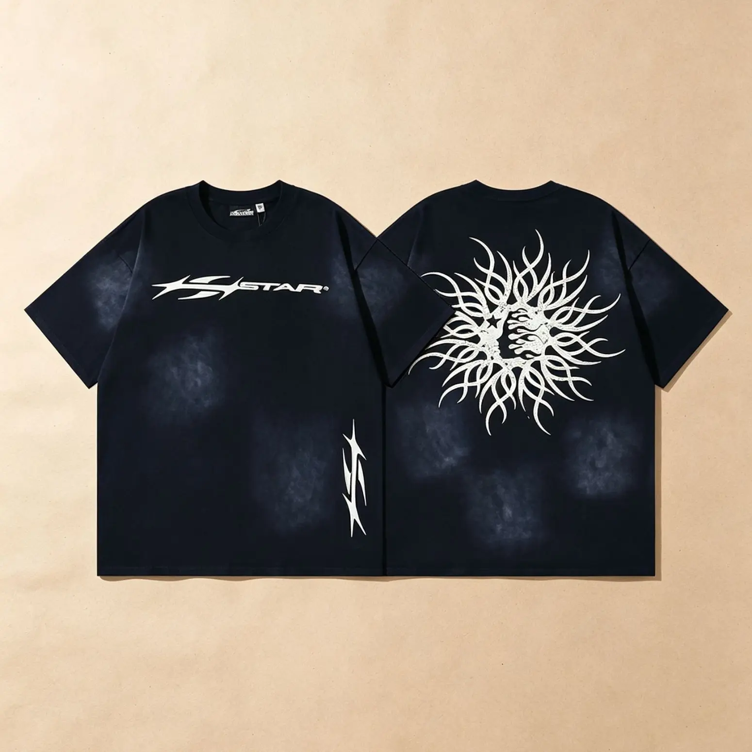 HELLSTAR Vintage Graphic T-Shirt, Washed Retro Cotton Tee, Distressed Letter Print Short Sleeve Top, Y2K American Streetwear Oversized Casual Style