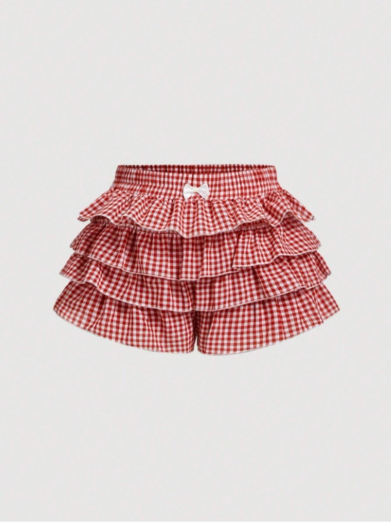 Casual Low Waist Plaid   Ruffle Hem Women's Shorts, Checkered Shorts, Women's Shorts for Summer, Perfect for School and Daily Wear