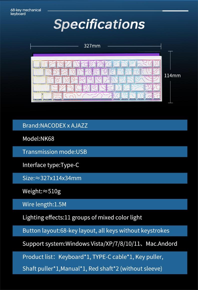 AJAZZ Mini 65% Gaming Mechanical Keyboard Red Switch 68 Key Compact Wired Office Keyboard NK68 Colorful Light Effect Ergonomic Mechanical Sense Office Artifact DIY Plug and Play Support Multiple Systems Suitable for Games, Mechanical Backlit Keyboard