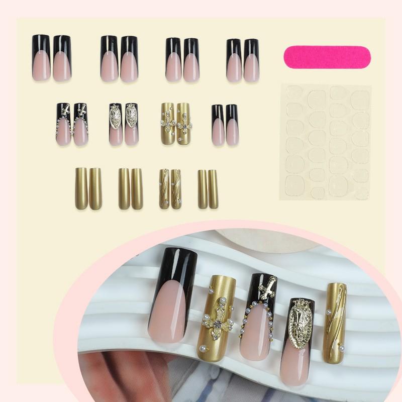 Gothic Gold Metal Press On Nails, Black & Gold French Tip with Virgin Mary Metal Cross Charms, Egyptian Royal Desert Style, Edgy Long Coffin Removable False Nails with Jelly Glue and Nail File