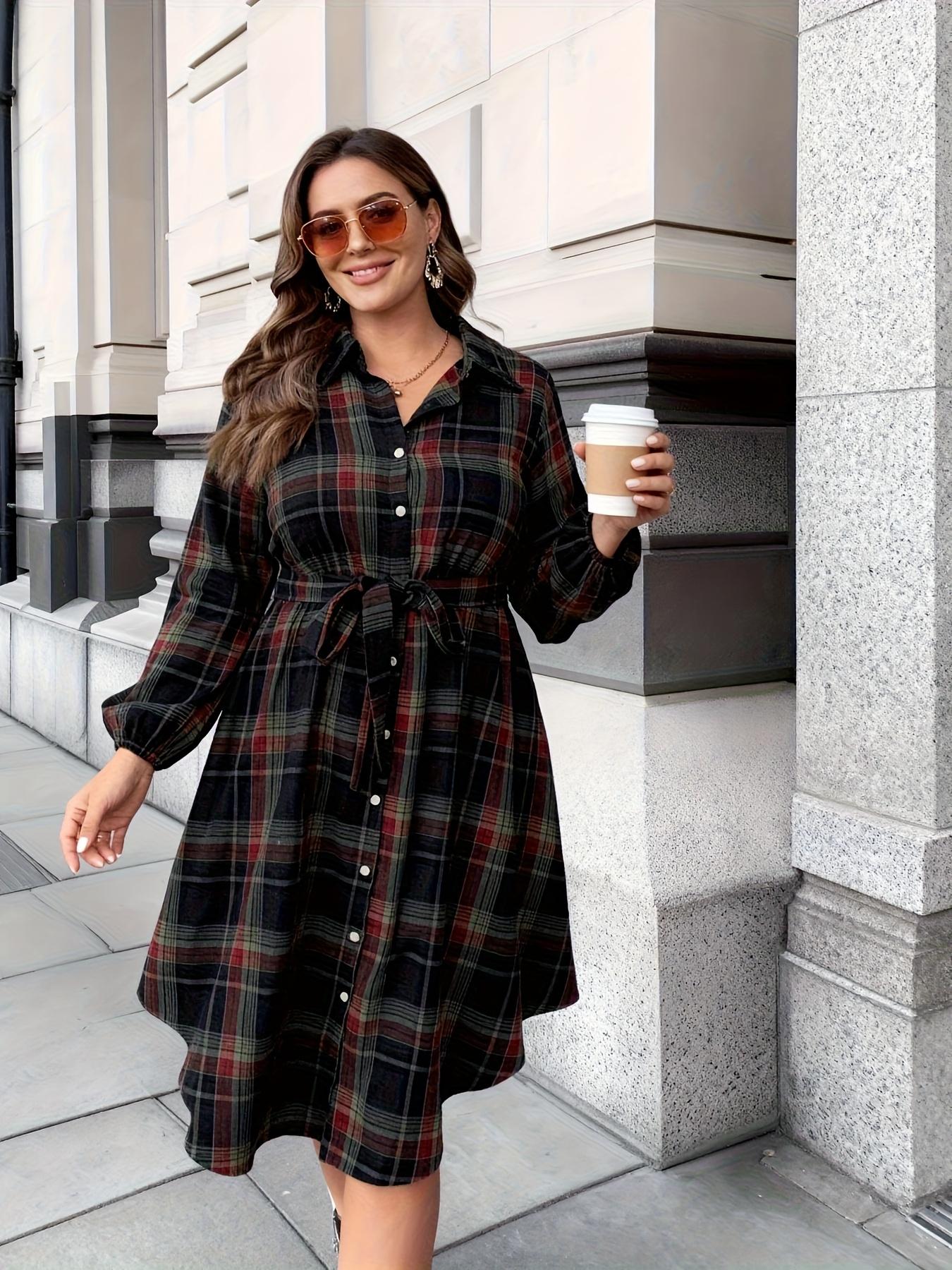 Elegant Casual Plaid Button Front Long Sleeve Dress, Loose-Fitting Ditsy Floral Pattern, Spring & Fall Women's Fashion