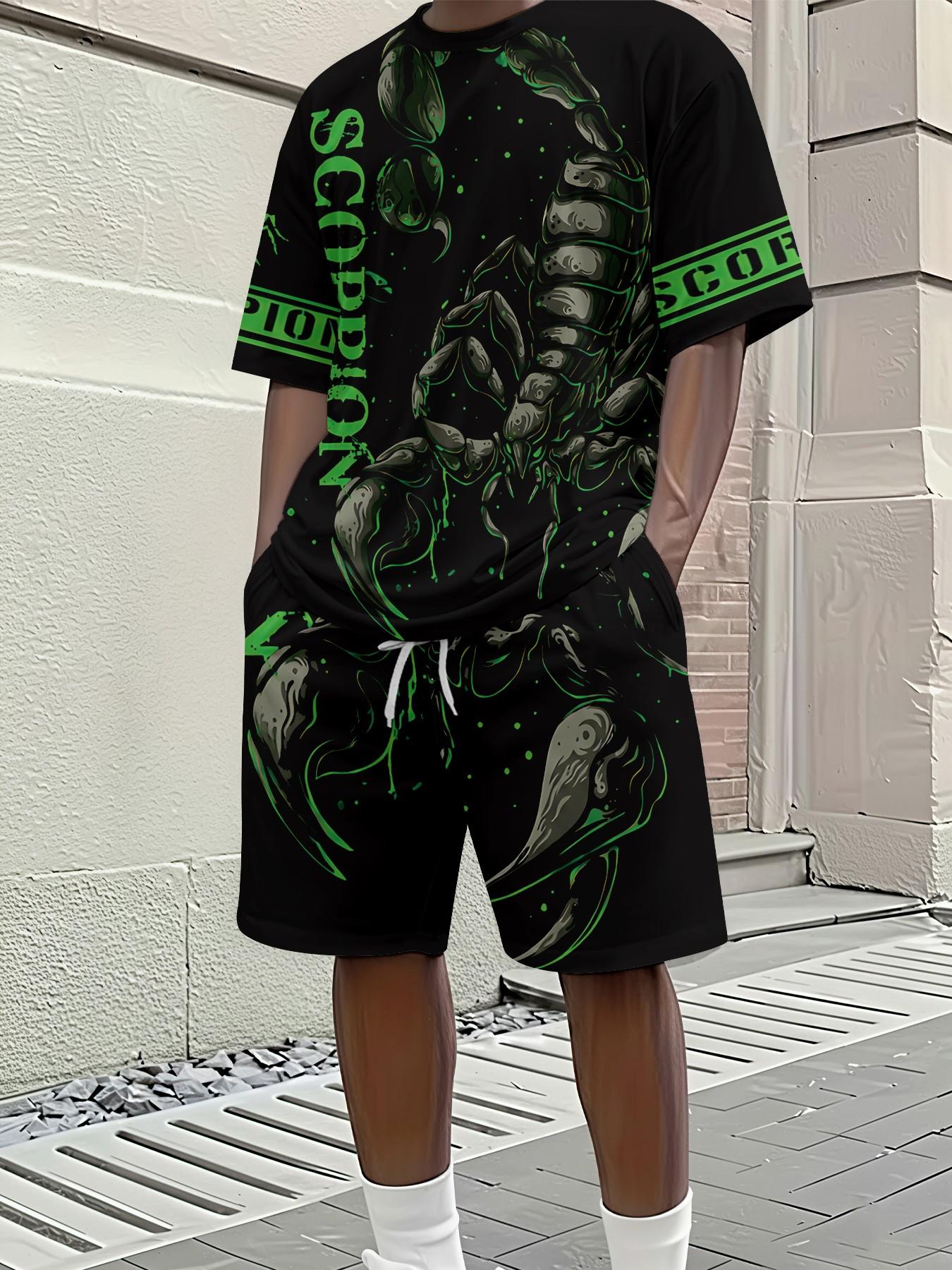 Men's 3D Digital Printed Two-piece Set with Green and Black Scorpion Ink Wash Trendy Casual Pattern, 2 Pieces, Fashion Retro Casual Outfit, Tropical Vacation-style Trendy Wear, Breathable Sports Casual Style, Ideal Holiday Gift for Men