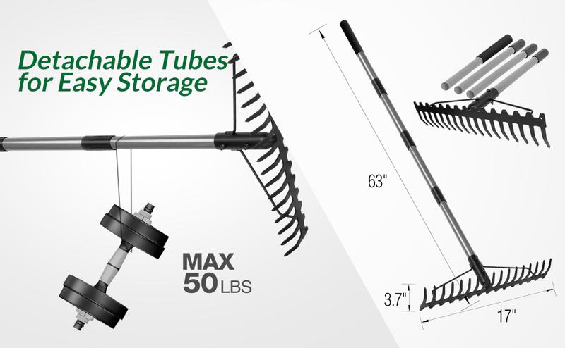 Walensee 5.4FT Bow Rake Heavy Duty Garden Rake with Stainless Steel Handle, 17 Steel Tines Metal Head Rake Tool for Loosening Soil Gathering Leaf Leveling Lawn Farming Land