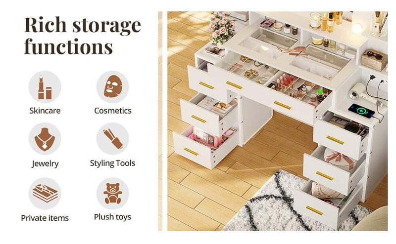 Sikaic Makeup Vanity with Mirror and Lights, 10x Magnifying Mirror & Power Outlets, Glass Top Vanity Desk Furniture Table Sikaic Makeup Vanity with Mirror and Lights, 10x Magnifying Mirror & Power Outlets, Glass Top Vanity Desk Furniture Table