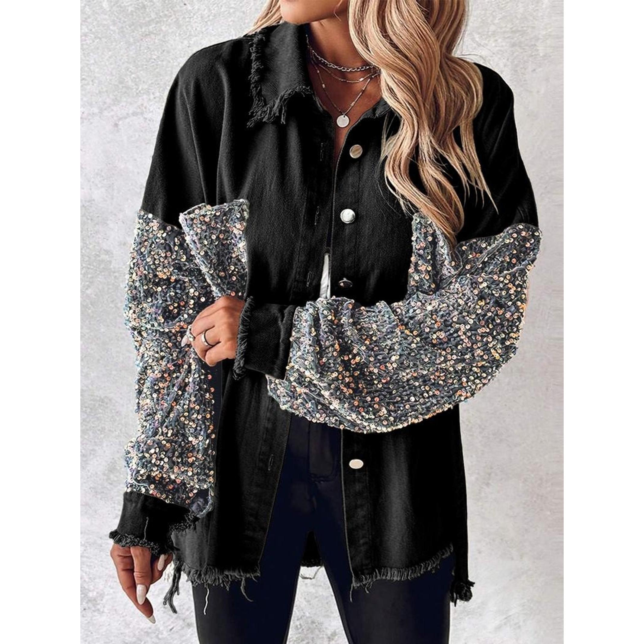 Women's Denim Patchwork Colorful Sequins Shirt Jacket, Cool Personal Style, Fringe Design, Daily Wear, Streetwear, Parties