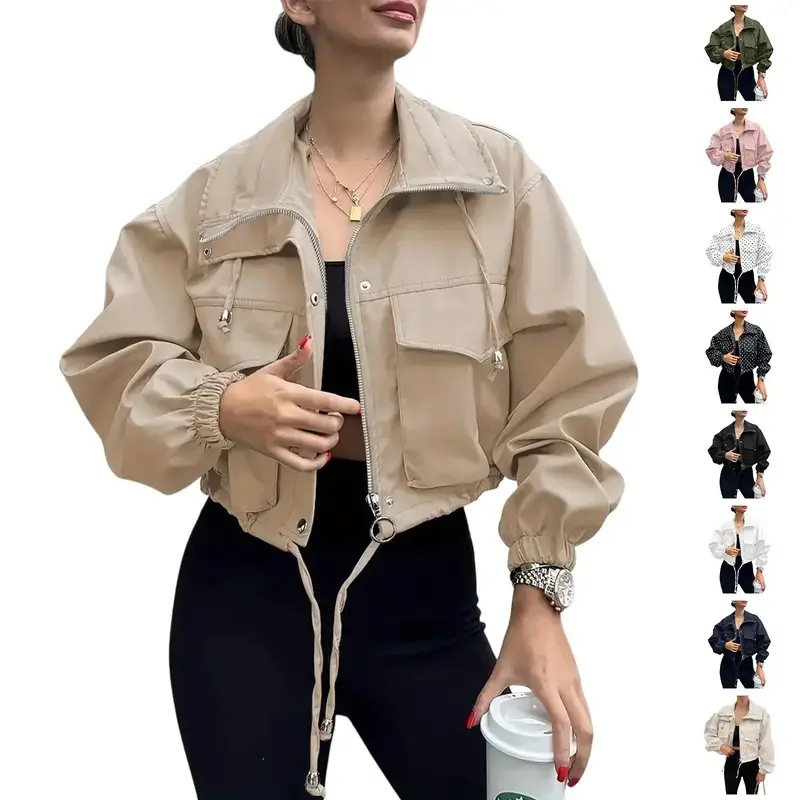 Women's Cropped Jacket Zip Up Lightweight Oversized Utility Coat with Pockets for Spring and Fall Wear Adjustable Drawstring Snap Button Zipper