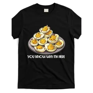 Men's Short-Sleeve  Foldable "You Know Why I'm Here" Deviled Eggs Graphic T-Shirt - Thanksgiving Party Tee, Black with Pyramid Stack Design, Round Neck, Relaxed Fit, Unisex Casual Apparel