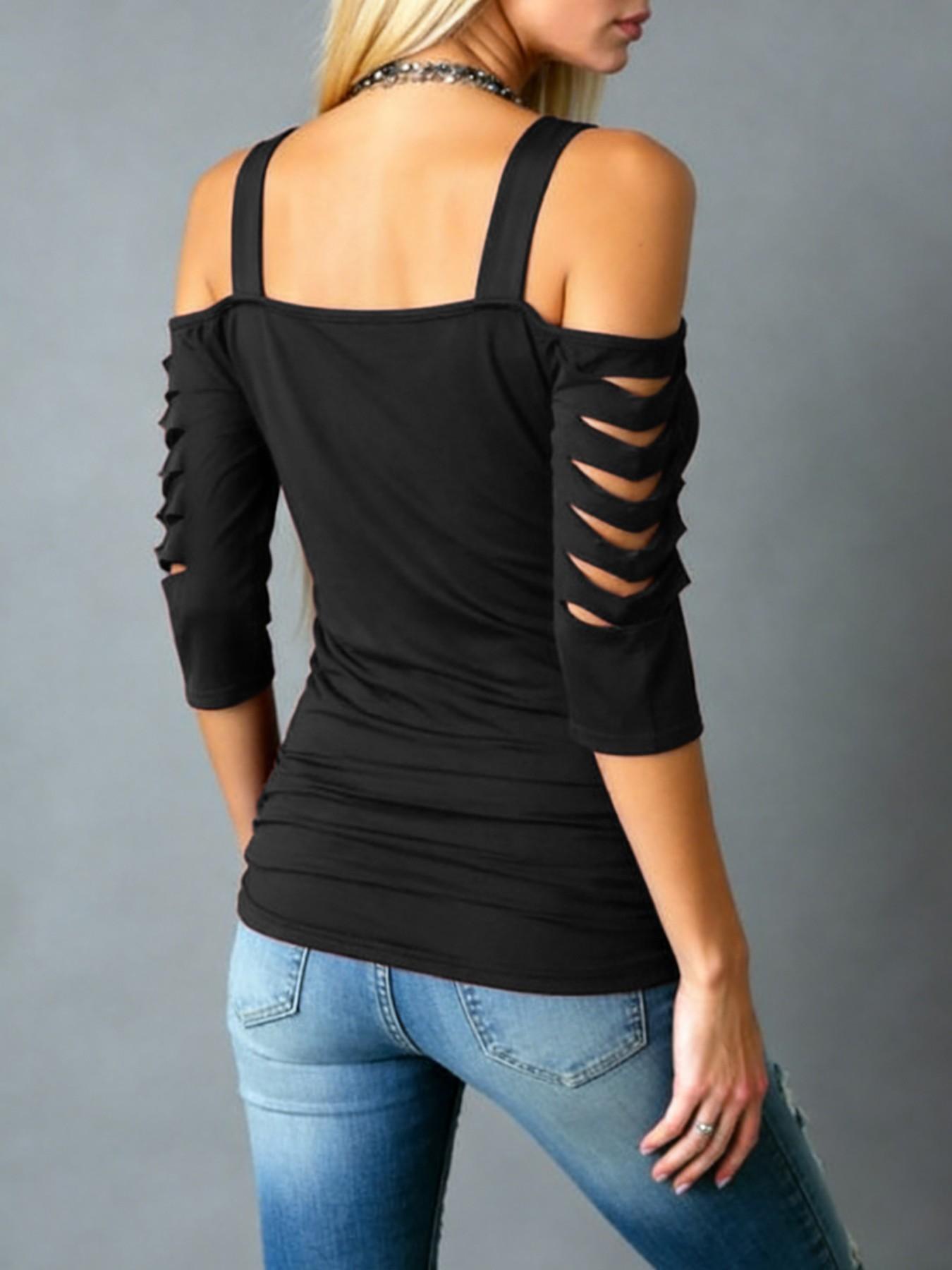 Women's Cut Out Shoulder Three Quarter Sleeve T-Shirt, Side Ruched Design, Soft Elastic Fabric, Casual Daily Wear