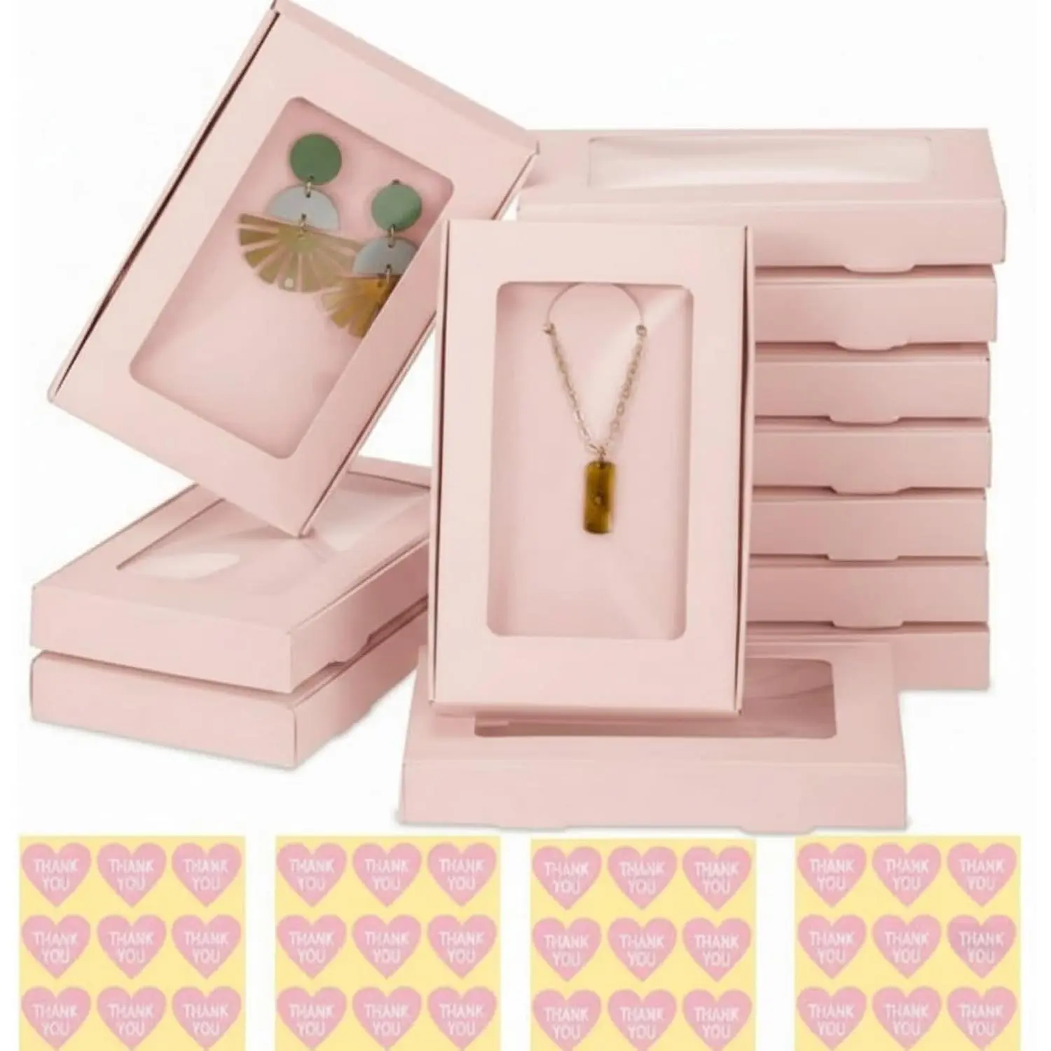 30 Pack   Boxes Bulk with Clear Window & Thank You Sticker 5.4"x3.4"x0.7" Small  Packaging Box for Necklaces Earring Ring Bracelet Small Business ()