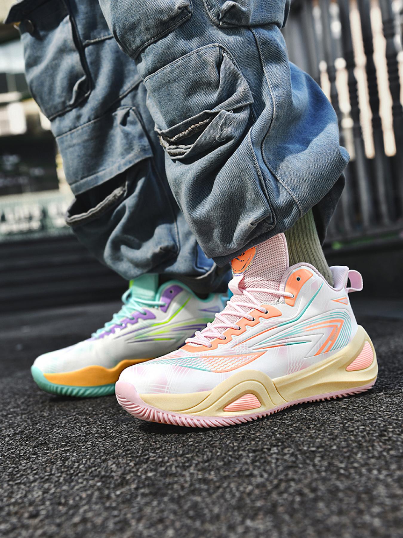 Pink White Pattern Unisex Basketball Shoes Trendy Sporty Design Wear-Resistant Cushion Support Eye-Catching Style for Basketball & Streetwear